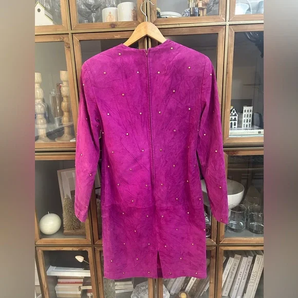 Vintage Daniel Leather Long Sleeve Fuchsia Suede Shift Dress with Stud Detail - Picture 7 of 13
